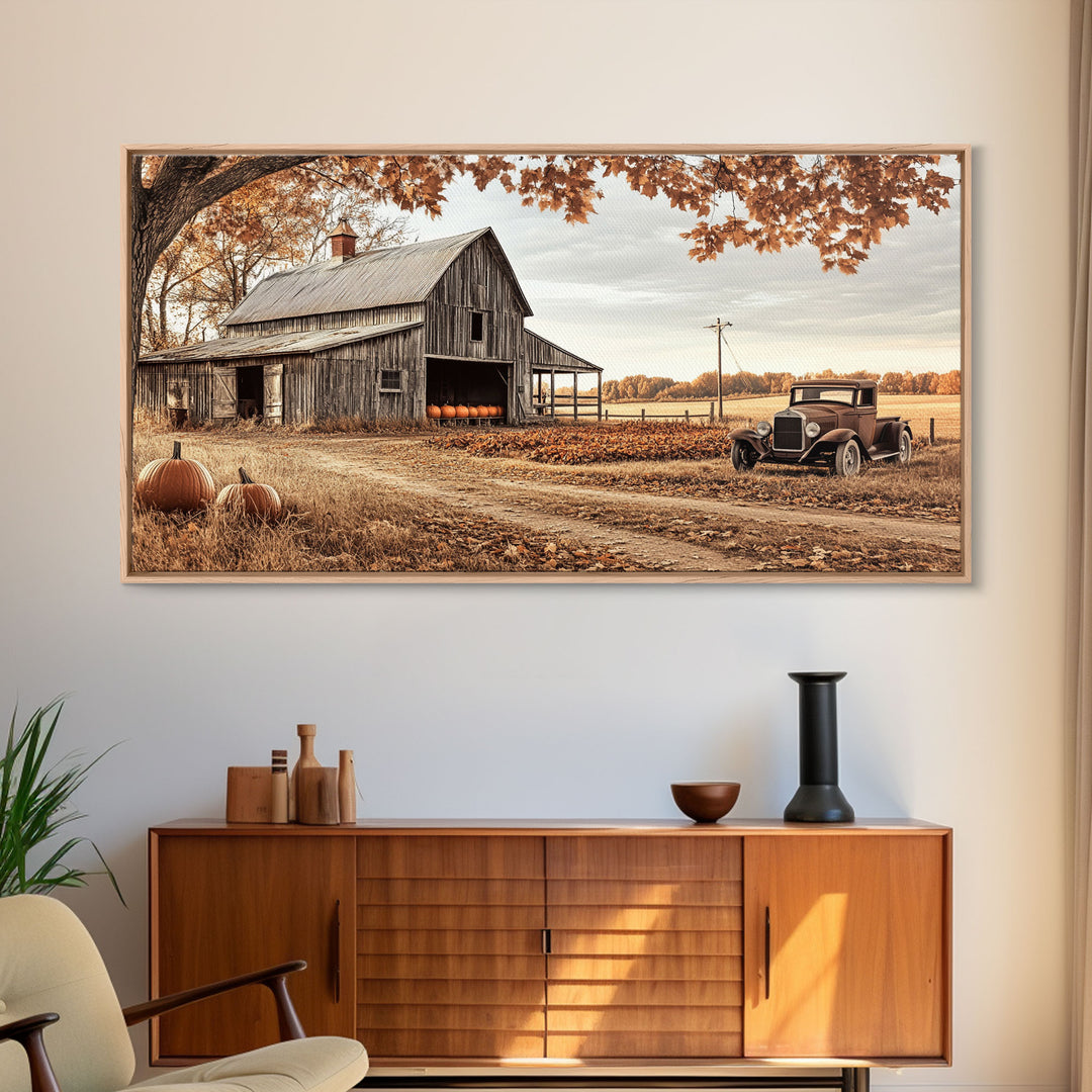 Farmhouse Autumn Decor Framed Canvas Print with Rustic Truck and Barn, Fall Country Art Wall Decor, Pumpkin Harvest Gift Idea Seasonal Decor