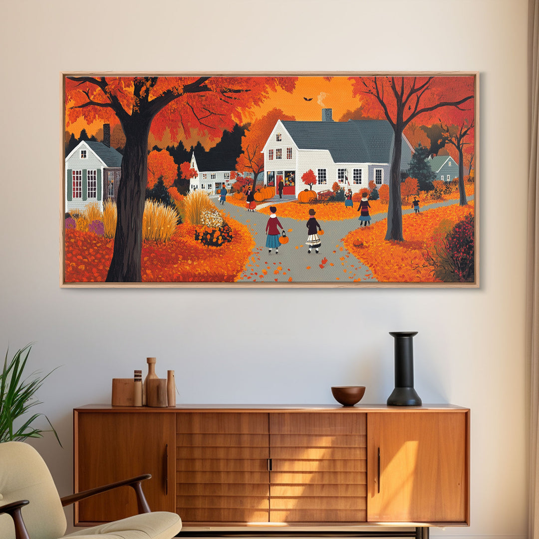 Autumn Vintage Village Canvas Print with Fall Foliage, Seasonal Farmhouse Art, Framed Wall Decor Gift, Best Gift Idea