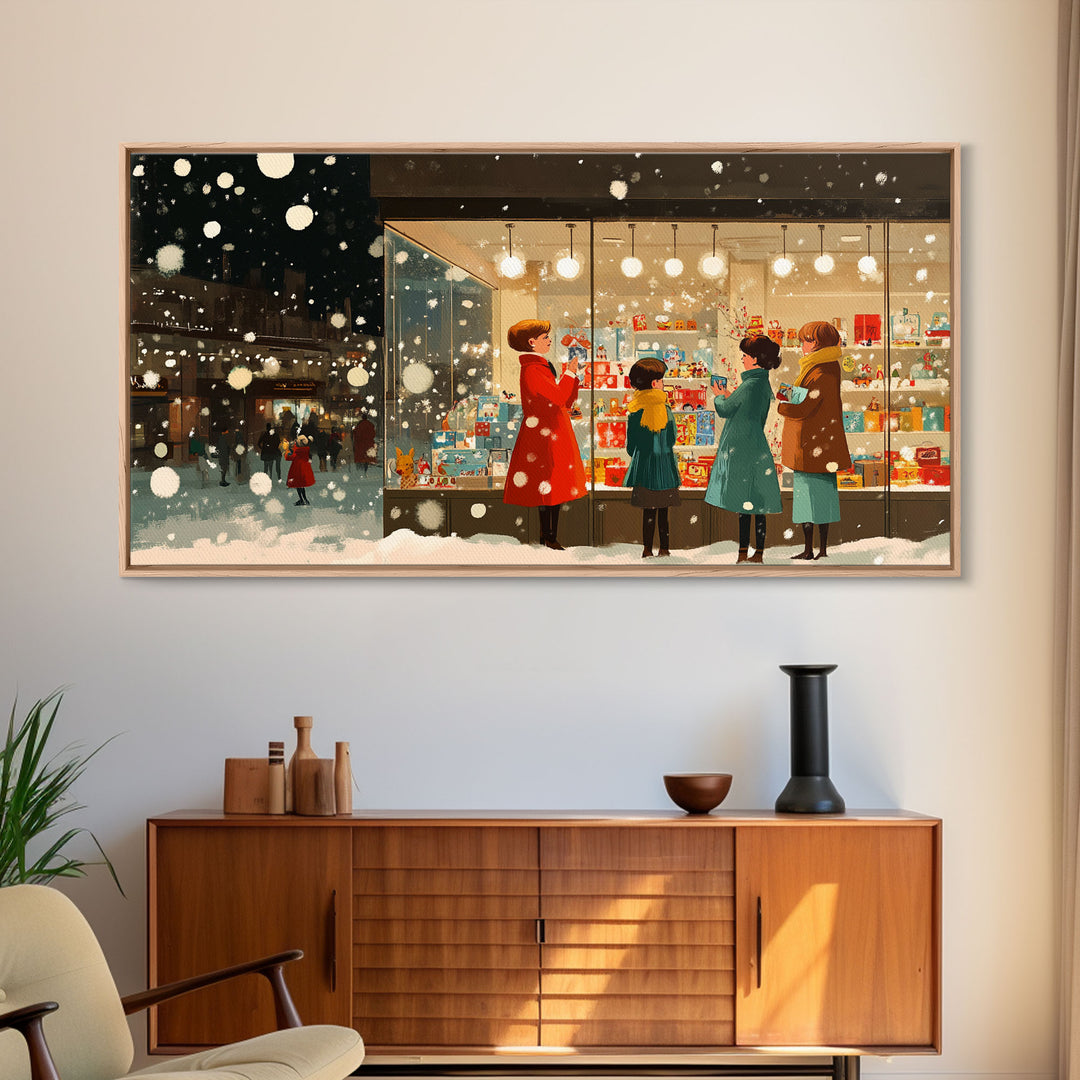 Christmas Window Shopping Scene Framed Canvas Print, Nostalgic Winter Holiday Wall Art Decor, Best Christmas Gift Idea, City Christmas Decor