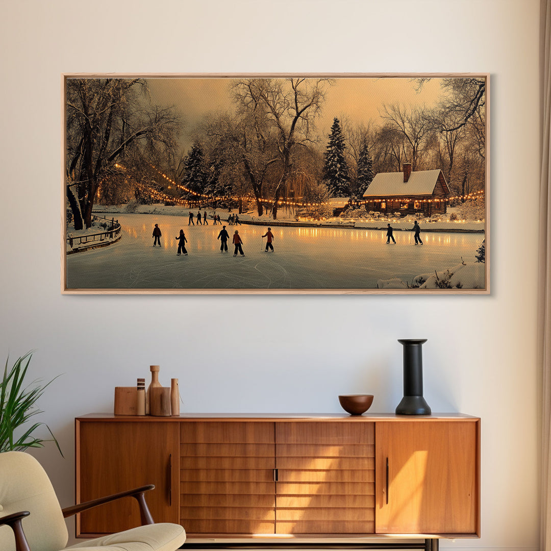 Winter Wonderland Ice Skating Framed Canvas Print, Rustic Christmas Art, Holiday Scene Wall Decor, Best Christmas Gift, Winter Landscape Art