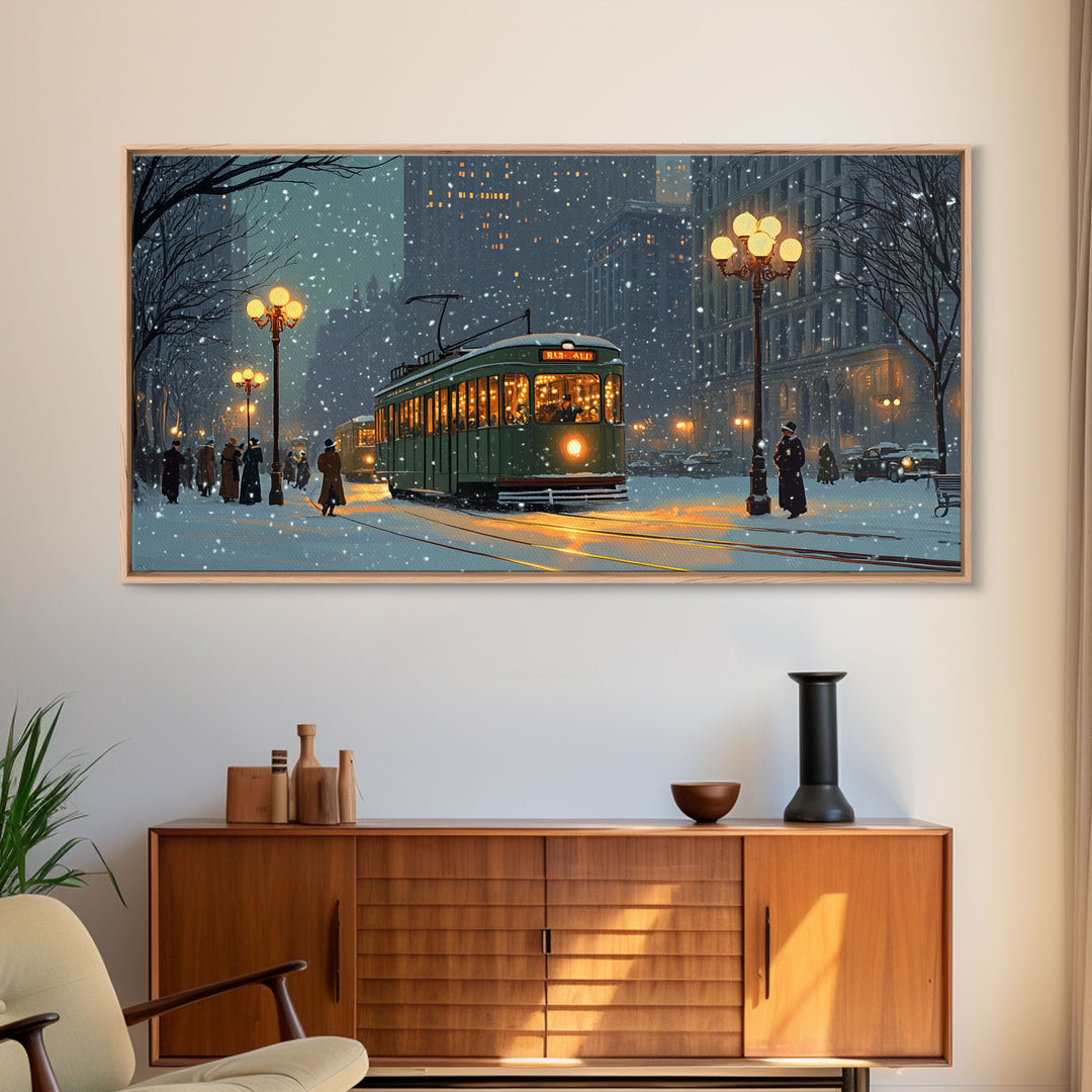 Vintage Christmas Street Scene Framed Canvas Print, City Tram Holiday Art, Christmas Wall Art Gift Idea, Holiday Season Decor, Wall Decor