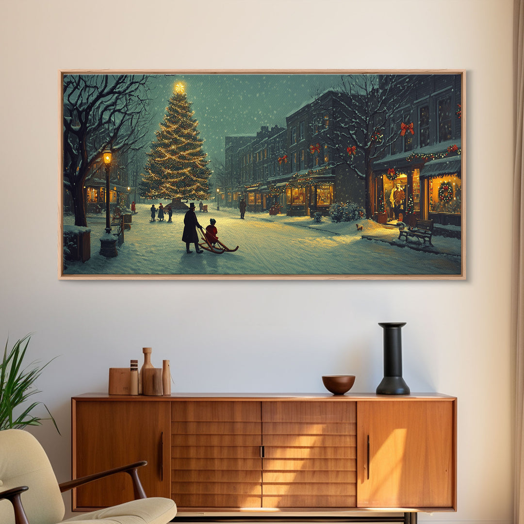 Christmas Village Tree Lighting Framed Canvas Print, Nostalgic Winter Holiday Art, Vintage Wall Art Scene, Best Gift Idea Christmas Decor