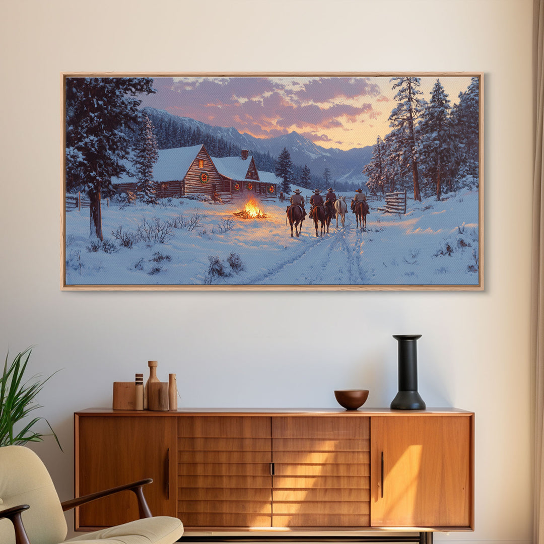 Cowboys and Log Cabin Winter Christmas Framed Canvas Print, Rustic Mountain Holiday Scene Art, Best Christmas Gift Idea, Winter Decor