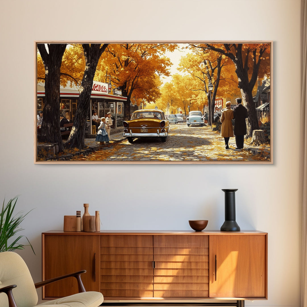 Retro Autumn Village Scene Framed Canvas Print, Cozy Fall Farmhouse Wall Art, Decor Gift Idea, Vintage Country Town Art, Best Fall Gift