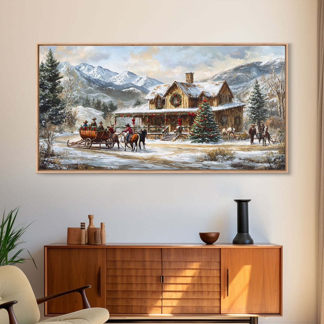 Mountain Log Cabin Christmas Framed Canvas Print, Rustic Holiday Winter Scene, Best Gift Christmas Wall Art, Vintage Holiday Decor Ideas