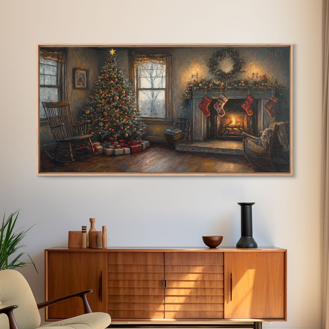 Traditional Christmas Living Room Framed Canvas Print with Tree and Stockings, Rustic Christmas Decor, Best Holiday Gift Wall Art