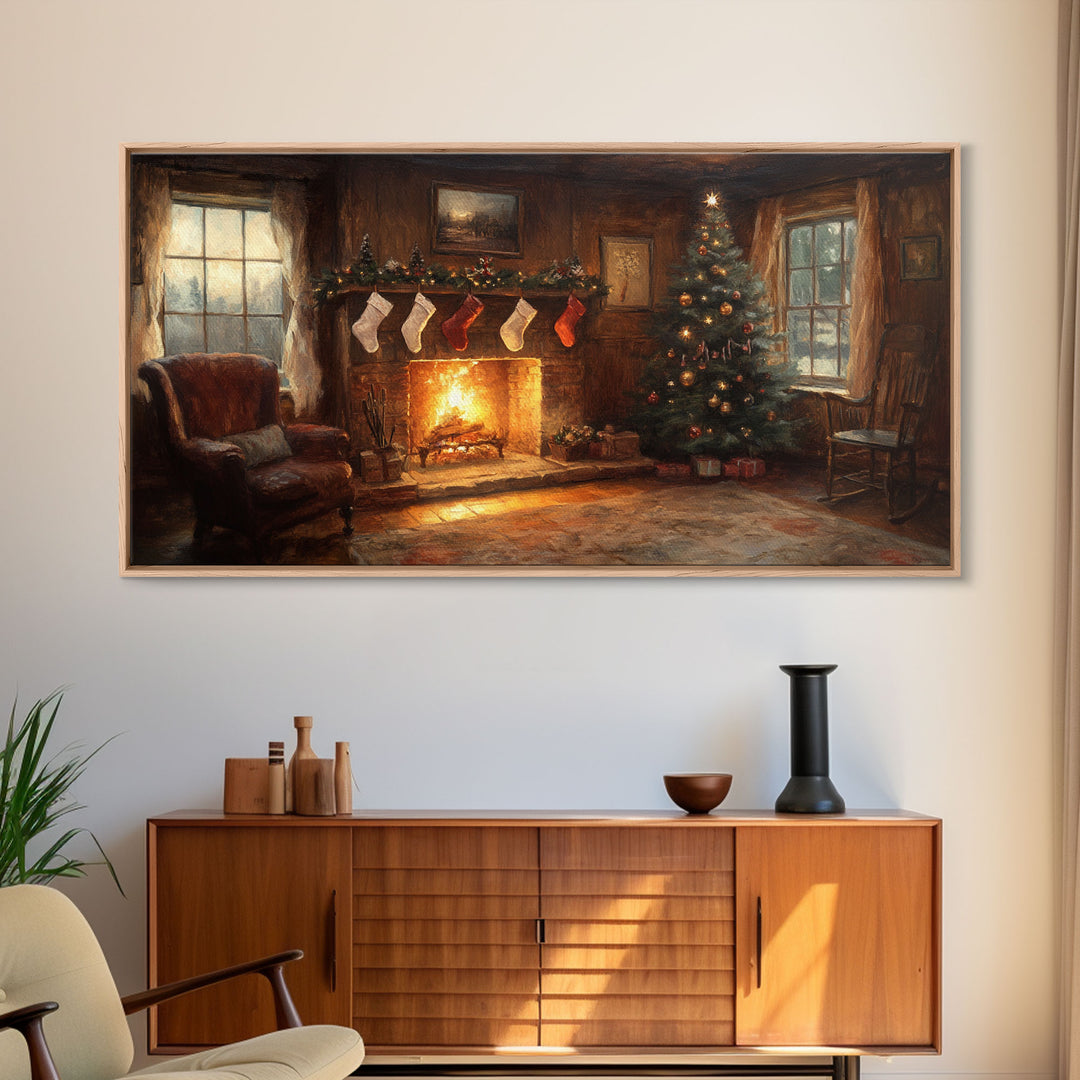 Vintage Christmas Living Room Framed Canvas Print with Fireplace and Stockings, Cozy Rustic Holiday Wall Art, Best Christmas Gift Idea