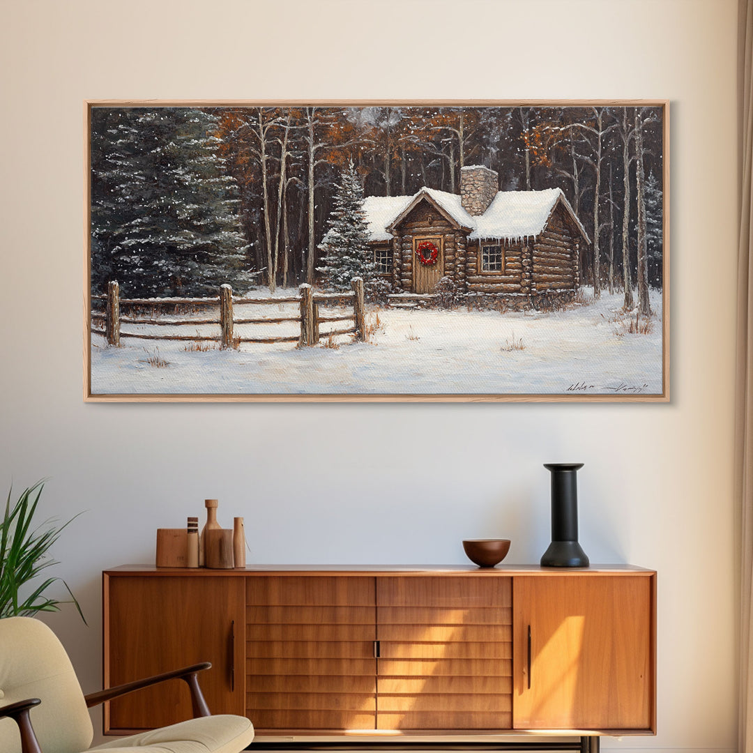 Snowy Log Cabin Christmas Framed Canvas Print, Rustic Winter Wonderland Art, Cozy Holiday Decor, Best Gift Christmas Wall Art