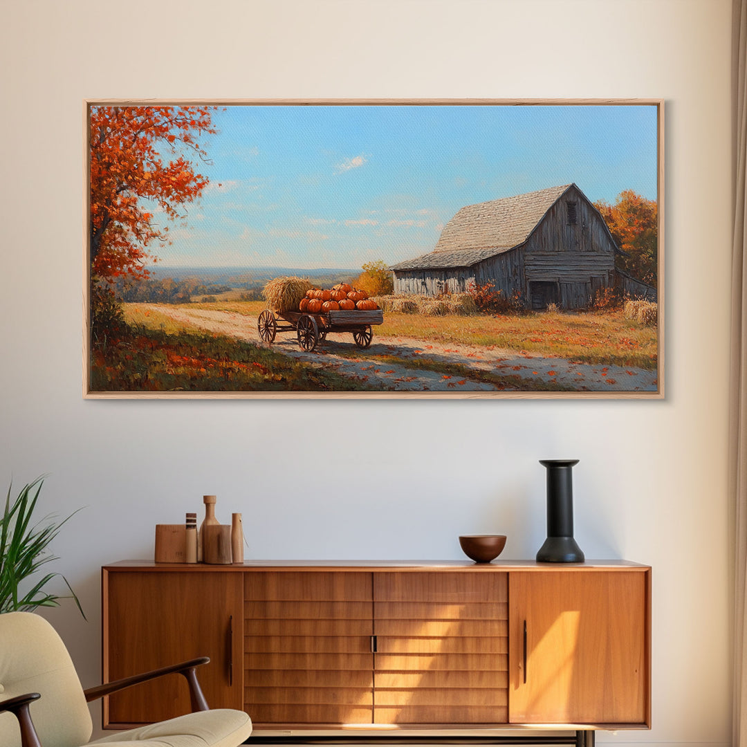 Rustic Barn with Pumpkins Framed Canvas Print, Cozy Fall Farmhouse Decor, Country Autumn Harvest Art, Seasonal Wall Art Gift Idea