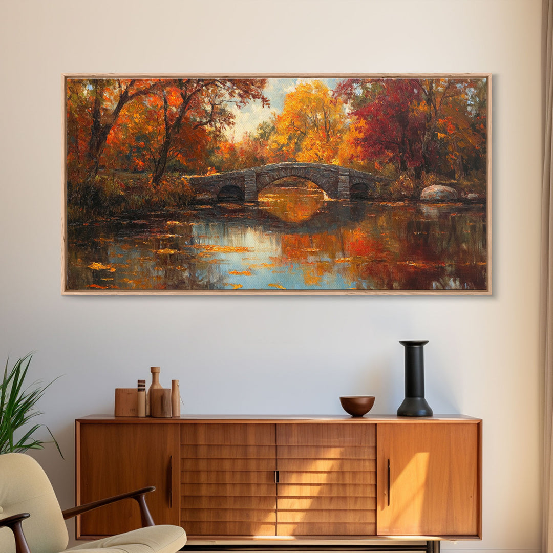 Scenic Autumn Bridge Framed Canvas Print, Cozy Fall Landscape Wall Art, Country Farmhouse Autumn Decor, Best Seasonal Gift Idea