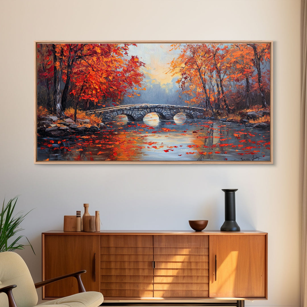 Autumn River Bridge Framed Canvas Print, Colorful Fall Landscape Wall Art, Cozy Seasonal Decor, Best Gift Idea for Farmhouse Wall Art