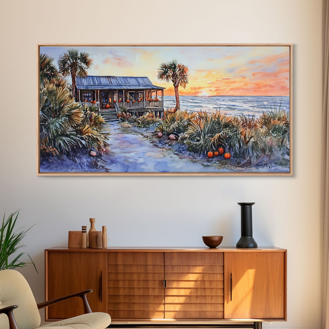 Tropical Beach House Autumn Sunset Scene With Pumpkins Framed Canvas Print, Coastal Fall Wall Art Perfect Gift Idea