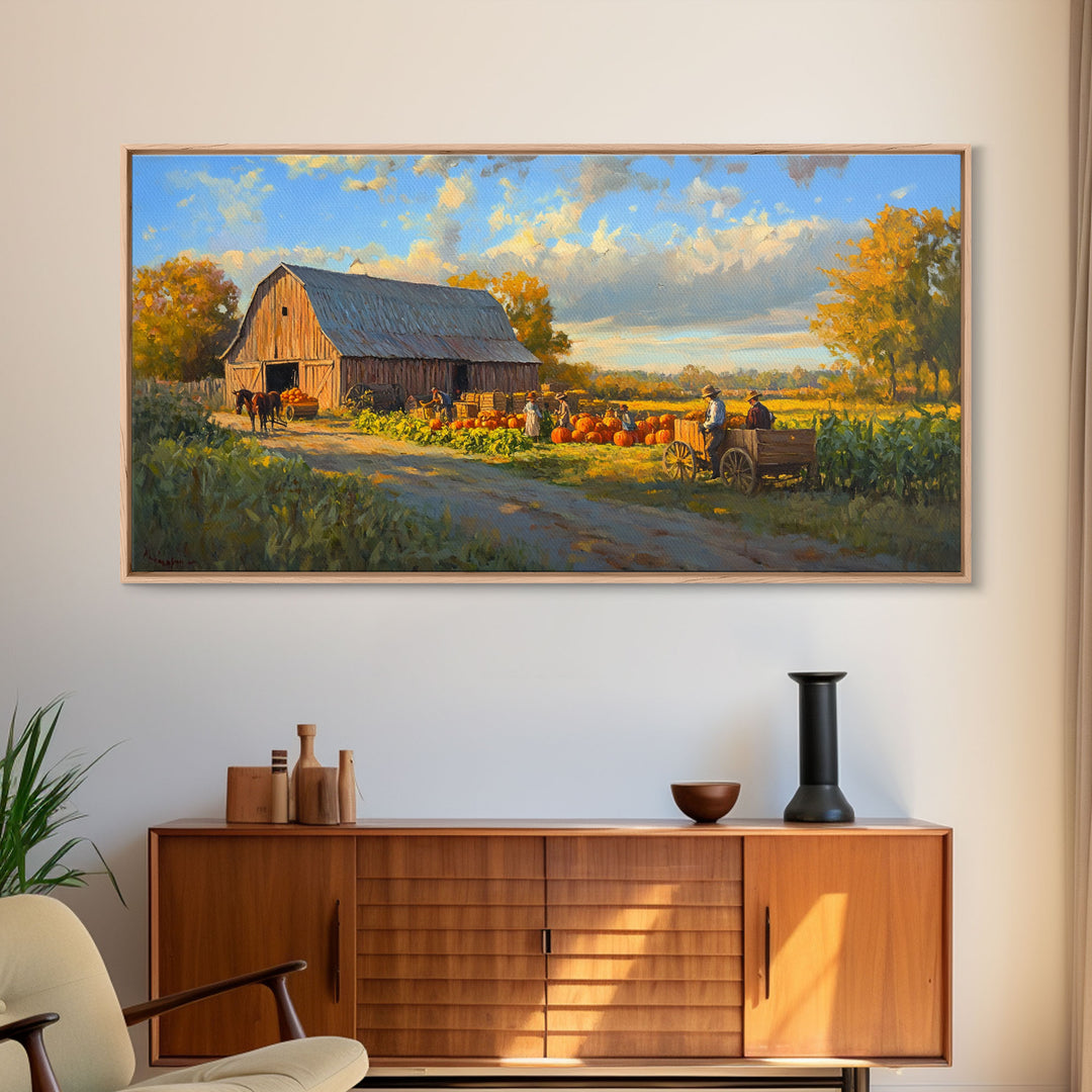 Picturesque Autumn Barn Harvest Scene Framed Canvas Print Farmhouse Art, Fall Harvest Scene Art Print, Rustic Wall Decor for Fall Season