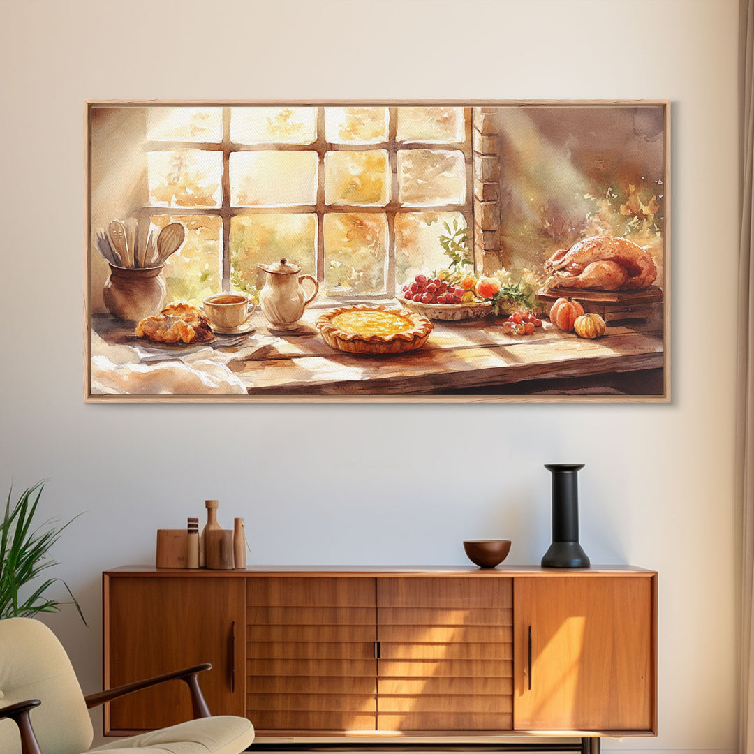 Thanksgiving table scene with food, pies and fall decor, Framed Canvas Print with pumpkins sunlight, autumn harvest home wall art and decor