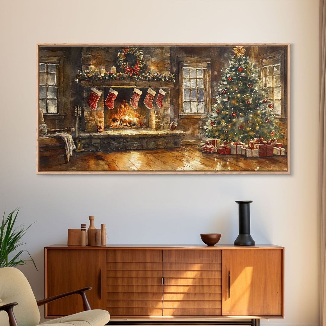 Cozy Christmas living room with stockings, Christmas tree, and fireplace, Framed Canvas Print for holiday wall art vintage Christmas decor