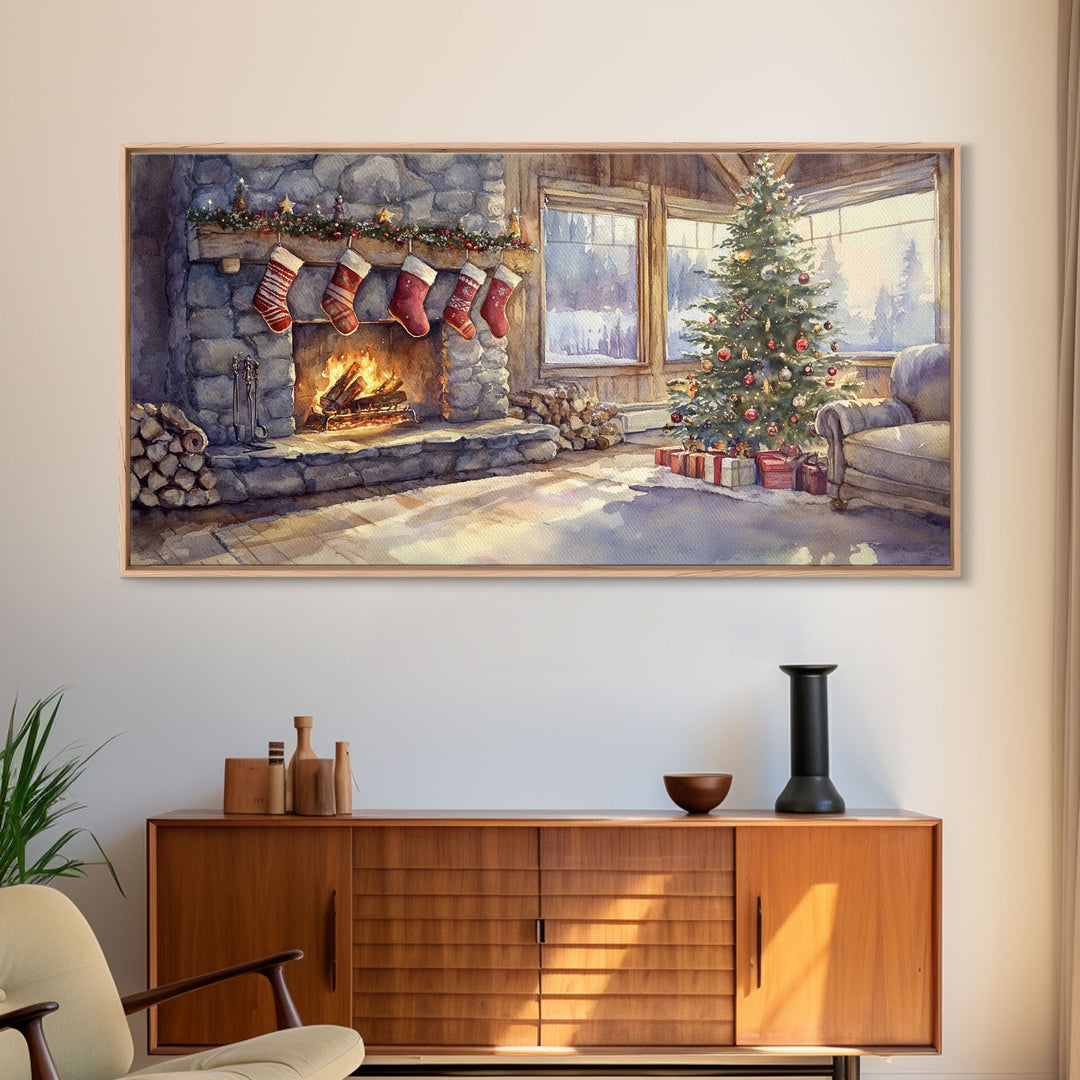 Snowy cabin lake scene at dusk with Christmas lights, Framed Canvas Print with a warm cabin glow, for winter wall art Christmas home decor