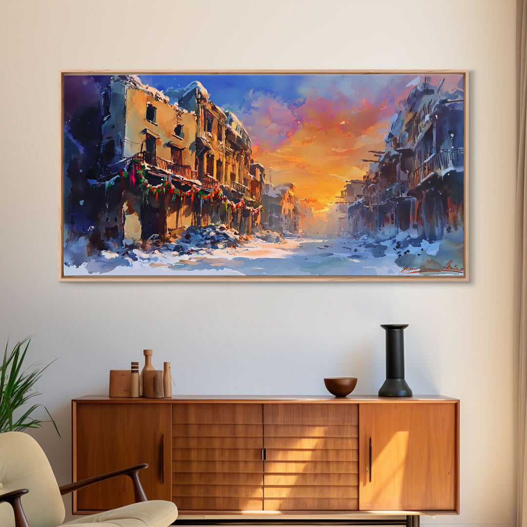 Snowy abandoned street at sunset with festive garland, framed canvas print, moody landscape Christmas or holiday decor