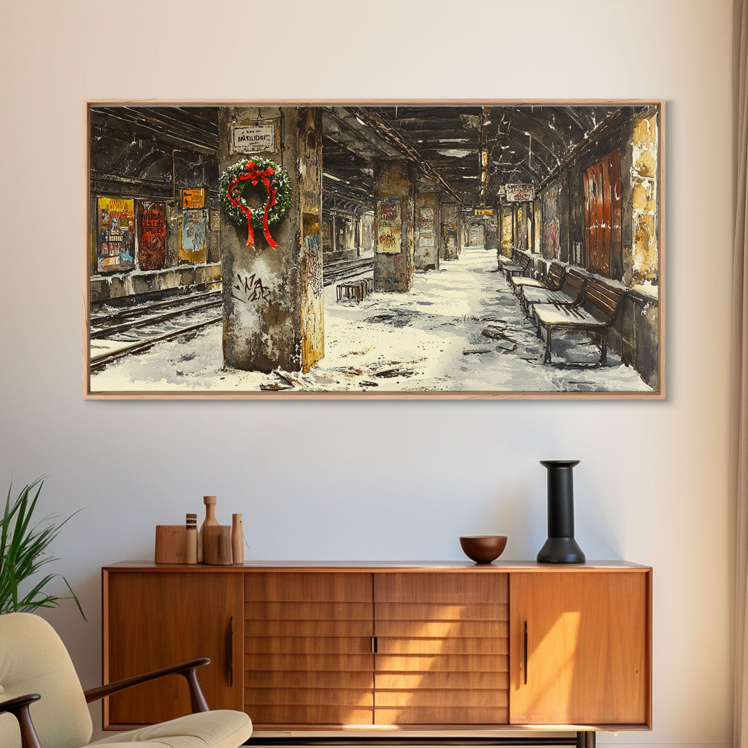 Underground subway station winter scene framed canvas print, snowy platform with festive wreath and urban decay, Christmas display