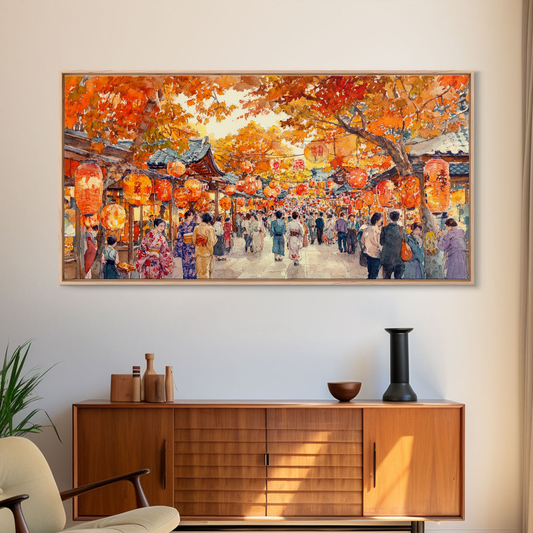 Vibrant fall market street scene with lanterns and people, framed canvas print, perfect autumn or fall festival decor wall art