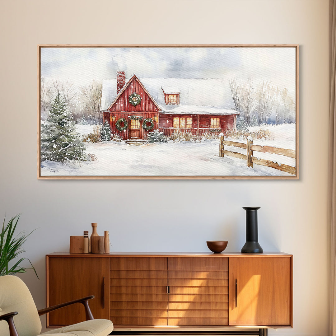 Snowy red farmhouse with wreaths and holiday lights, framed canvas print, perfect Christmas holiday decor or winter wall art display