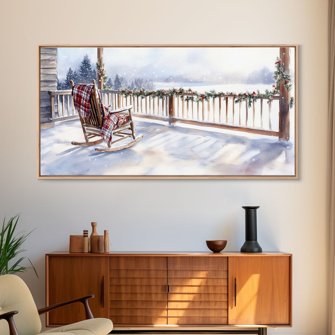 Snowy porch with rocking chair and plaid blanket, framed canvas print, Christmas decor perfect rustic holiday winter wall art