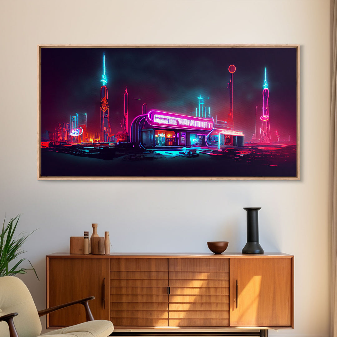 Neon Cyberpunk Diner, Retrofuturism, Framed Ready To Hang Canvas Print, beautiful wall art, guest room decor