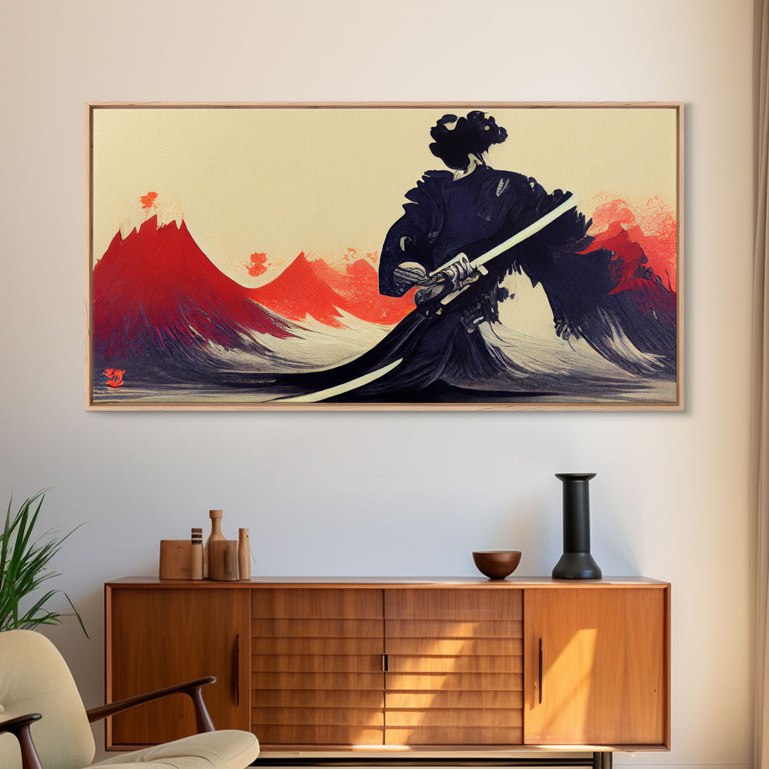 Japanese Samurai Superimposed Over Mountains, ready to hang canvas print wall art, framed canvas wall art, mancave wall art