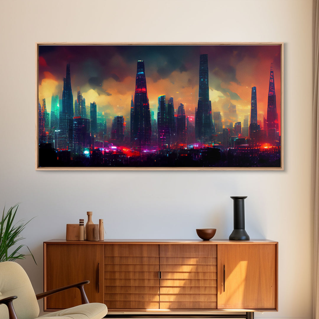 Dystopian Cyberpunk City, ready to hang canvas print wall art, framed canvas wall art, mancave wall art, Cyberpunk Art