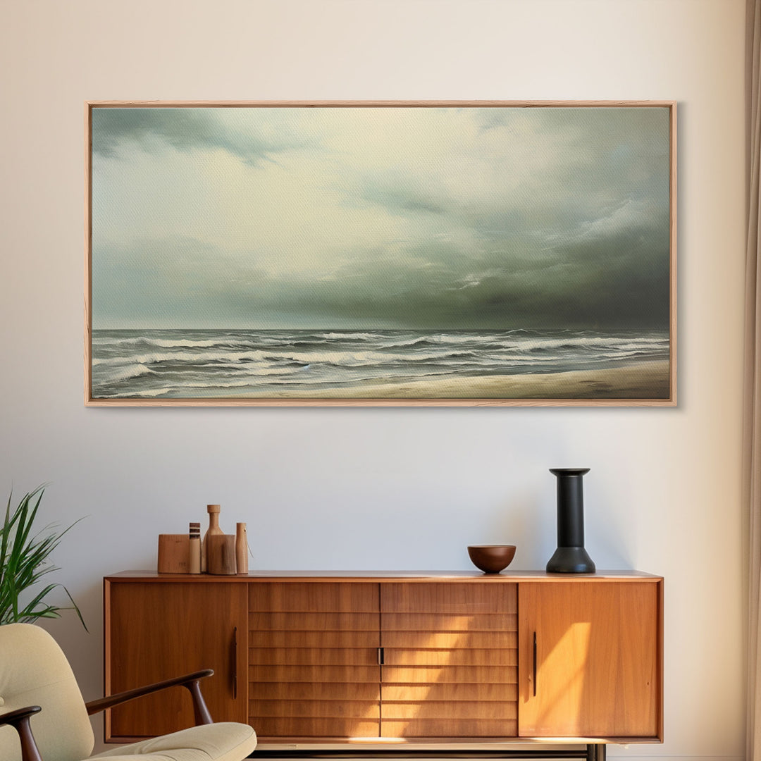 Beach Wall Art, Framed Canvas Print, Newport Beach Art, Beach House Decor, Drab and Moody / Subdued Wall Art, A Stormy Day