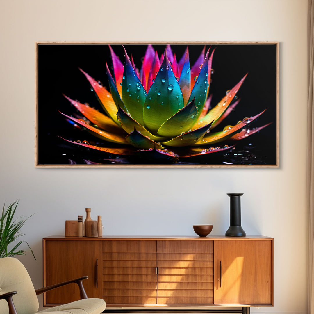 Rainbow Agave With Dew Drops, Modern Art, Framed Canvas Print,  Surreal Art, Southwestern Decor, Farmhouse Art, Desert Themed Art