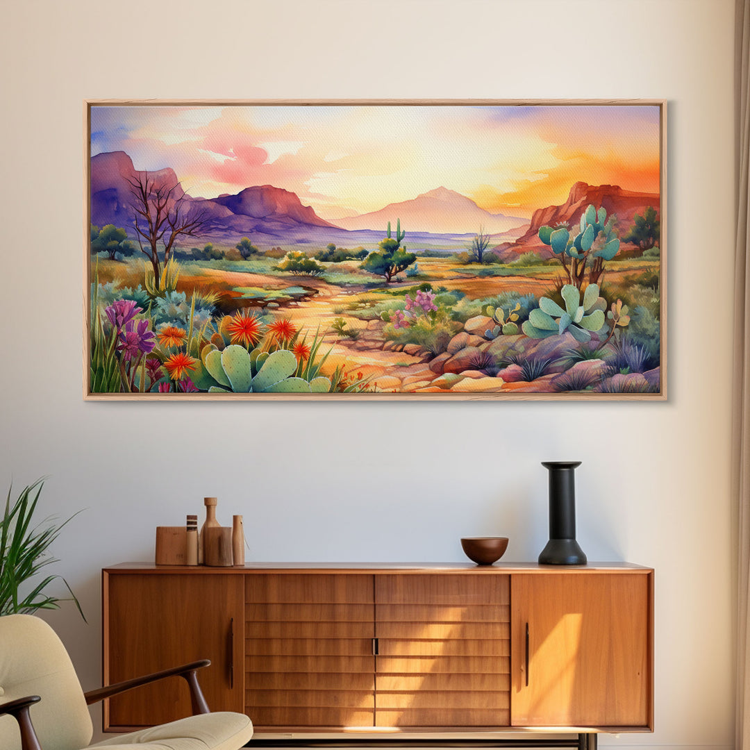 Southwestern Desert Landscape Print, Floral Print, Framed Canvas Art, Vibrant Cactus Desert Art, Mid-Century Modern, Pastel Desert Art