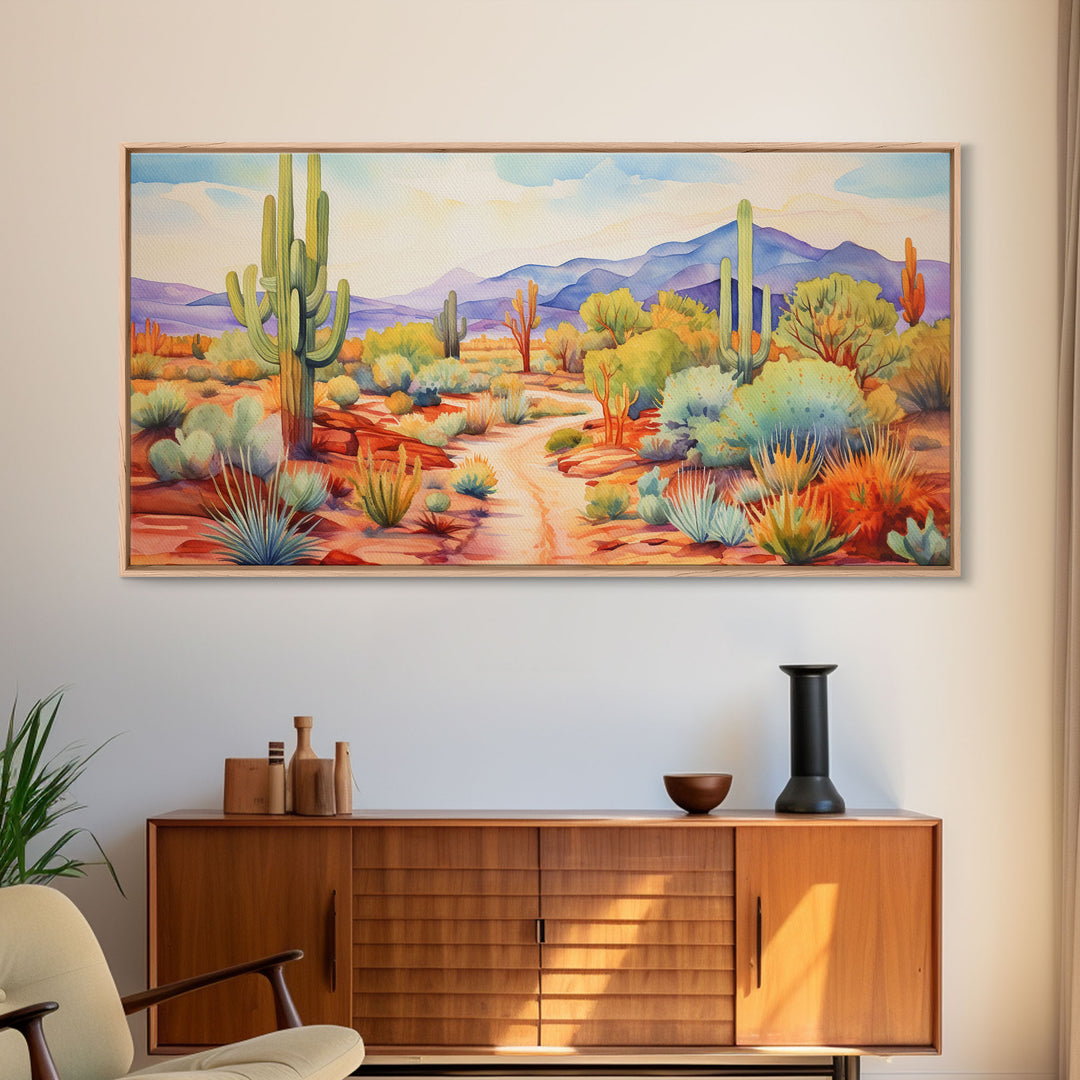 Southwestern Desert Landscape Print, Floral Print, Framed Canvas Art, Vibrant Cactus Desert Art, Mid-Century Modern, Pastel Desert Art