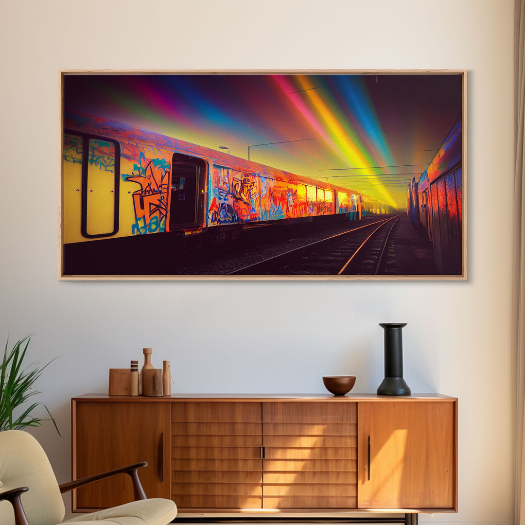 Box car graffiti art, wall decor, train box car, ready to hang canvas print wall art, rainbow train wall art