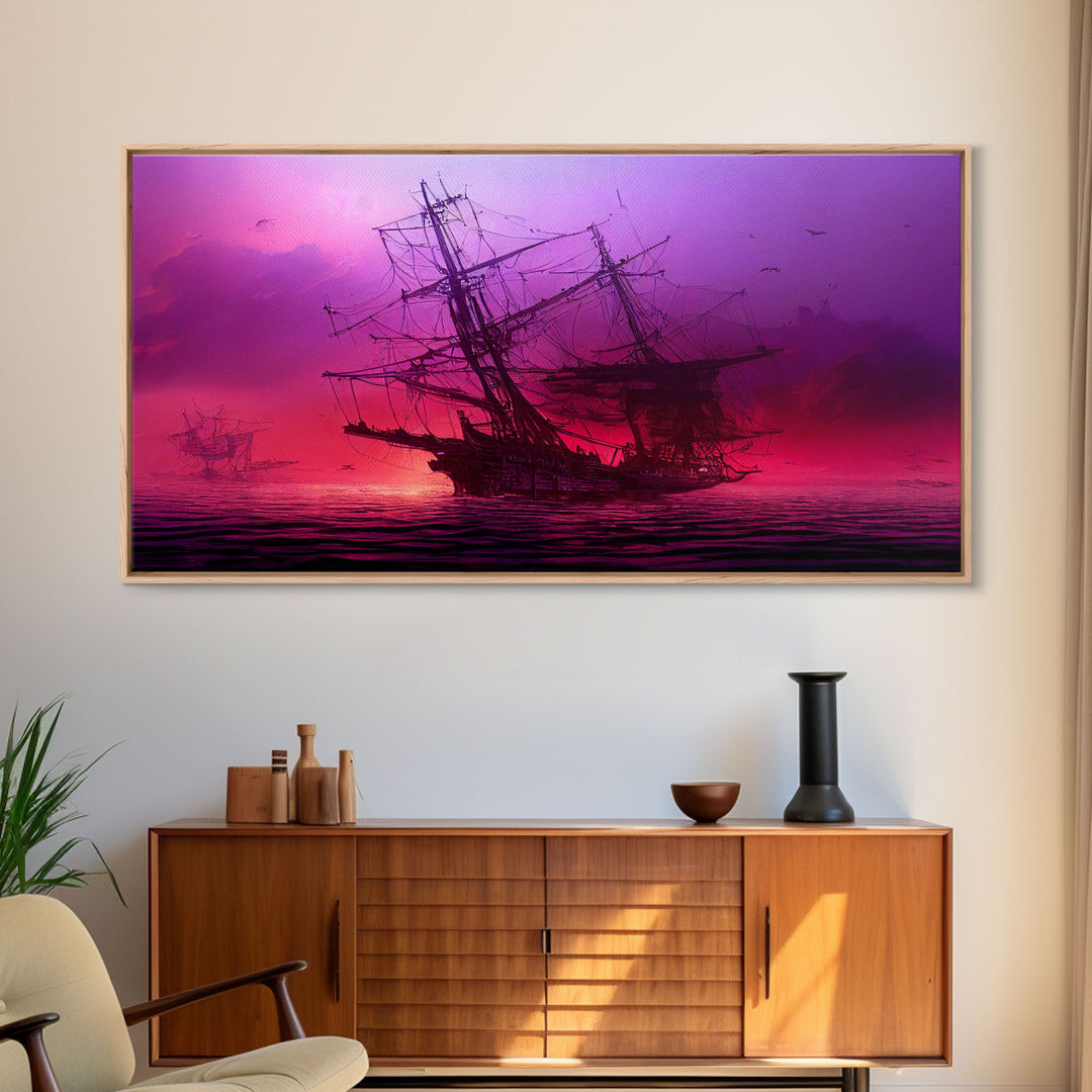 Outrun Style Ghost Ship, Abandoned Pirate Ship, ready to hang canvas print, framed art, cool unique wall decor