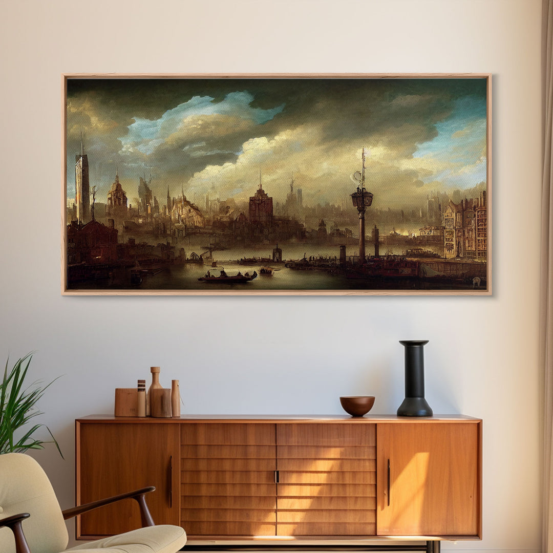 Victorian Steampunk Cityscape, Concept Art, Ready To Hang Canvas Print, Framed Wall Art