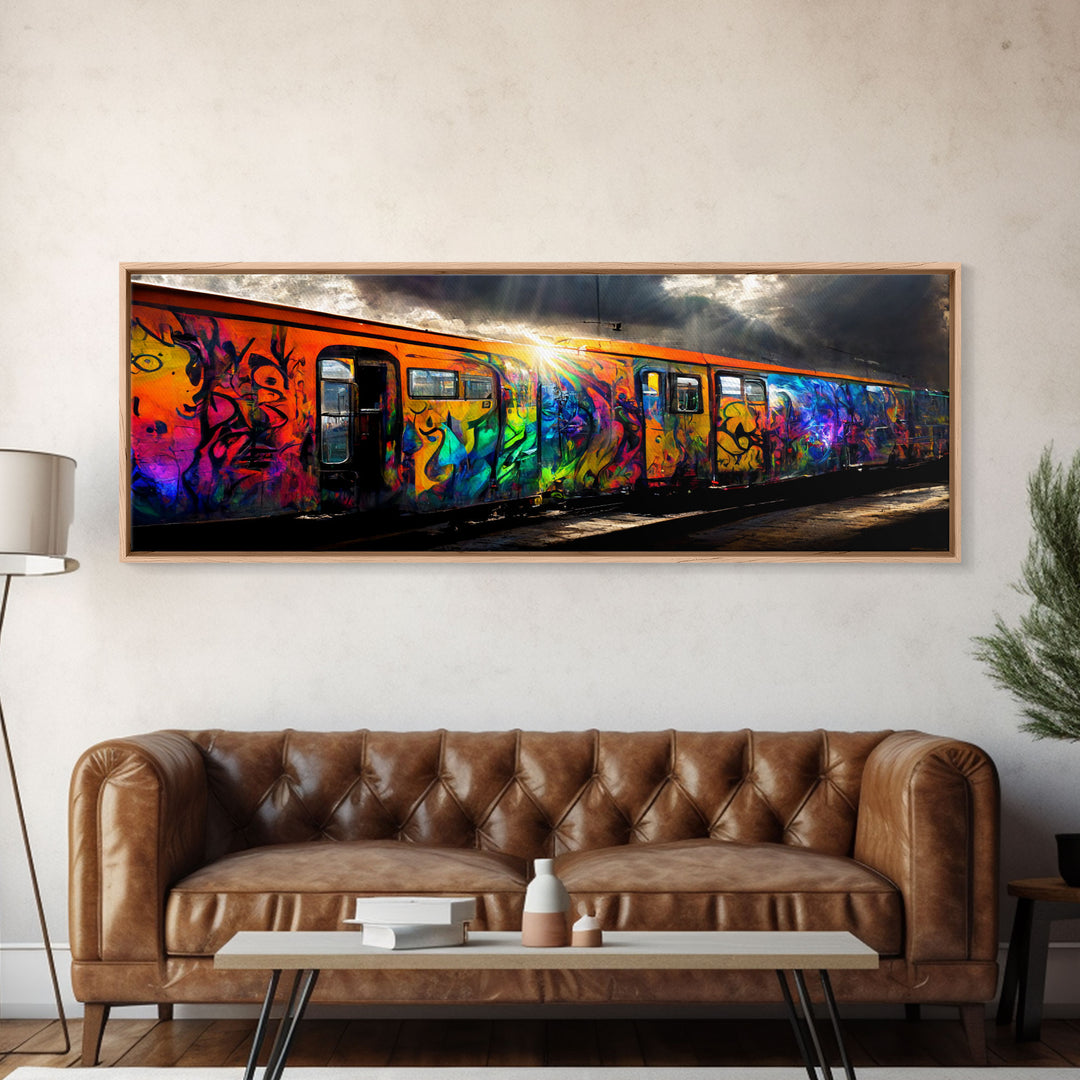 Graffiti Covered Train, Colorful Graffiti Art, Extra Large Wall Art, Framed Panoramic Canvas Print, Framed Wall Decor | Wall Art