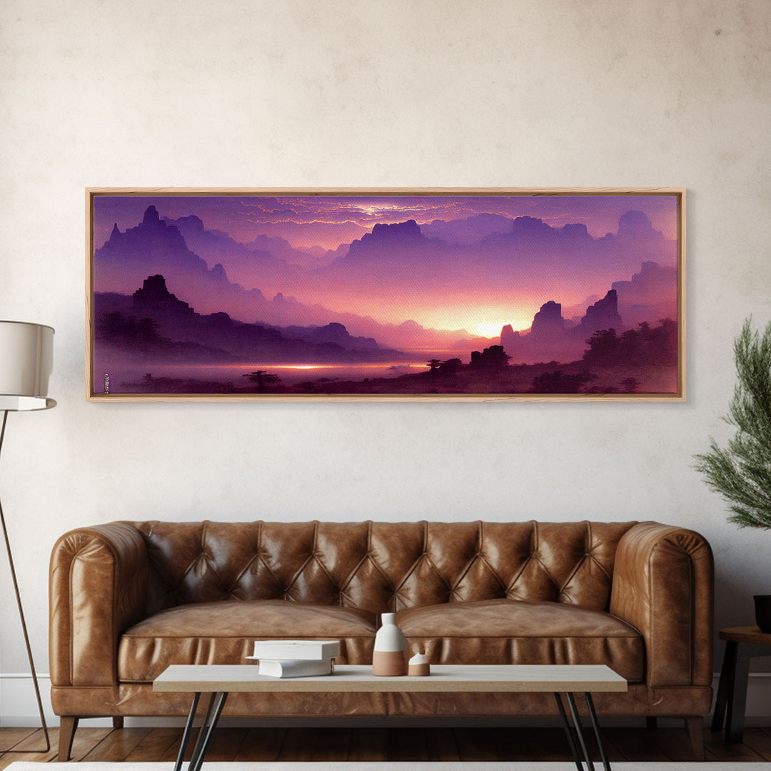 A Beautiful Mountain Scene at Sunset, Extra Large Wall Art, Framed Panoramic Canvas Print, Framed Wall Art