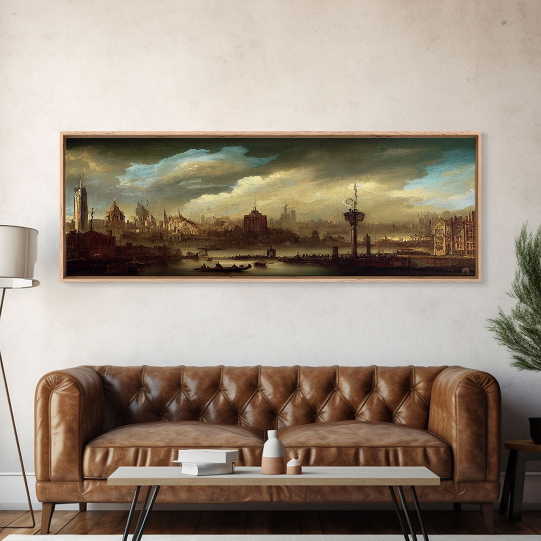 Steampunk Victorian Cityscape, Extra Large Wall Art, Framed Panoramic Canvas Print, Framed Wall Art