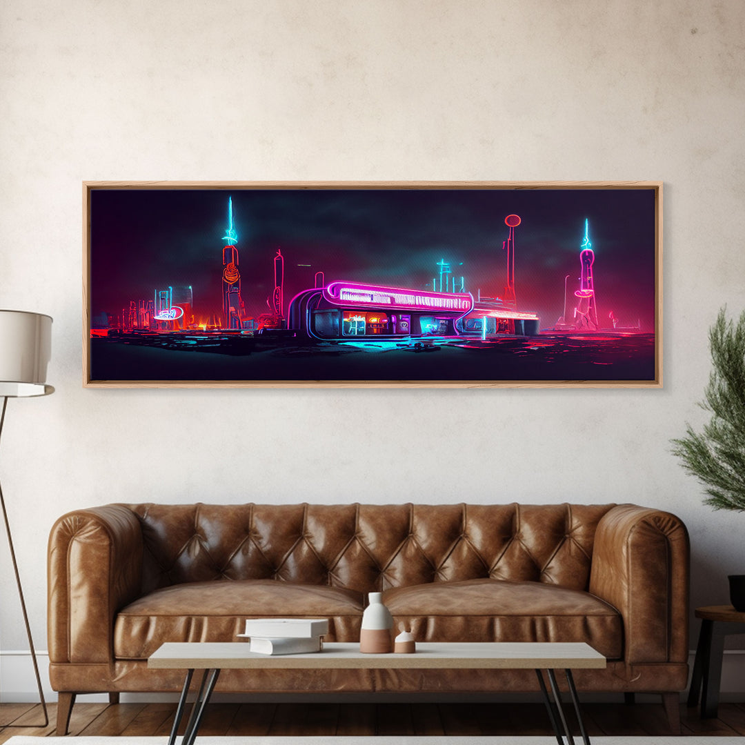 Neon Cyberpunk Atomic Age Diner, Extra Large Wall Art, Framed Panoramic Canvas Print, Framed Wall Art