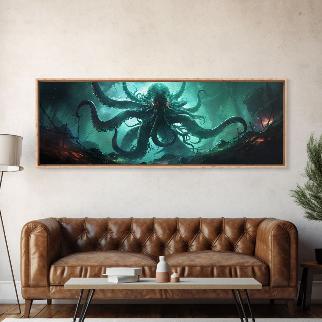 Rise Of Cthulhu Framed Canvas Print, Panoramic Call of Cthulhu H.P. Lovecraft Cosmic Horror Steampunk Gothic Darrk Art Wall Decor