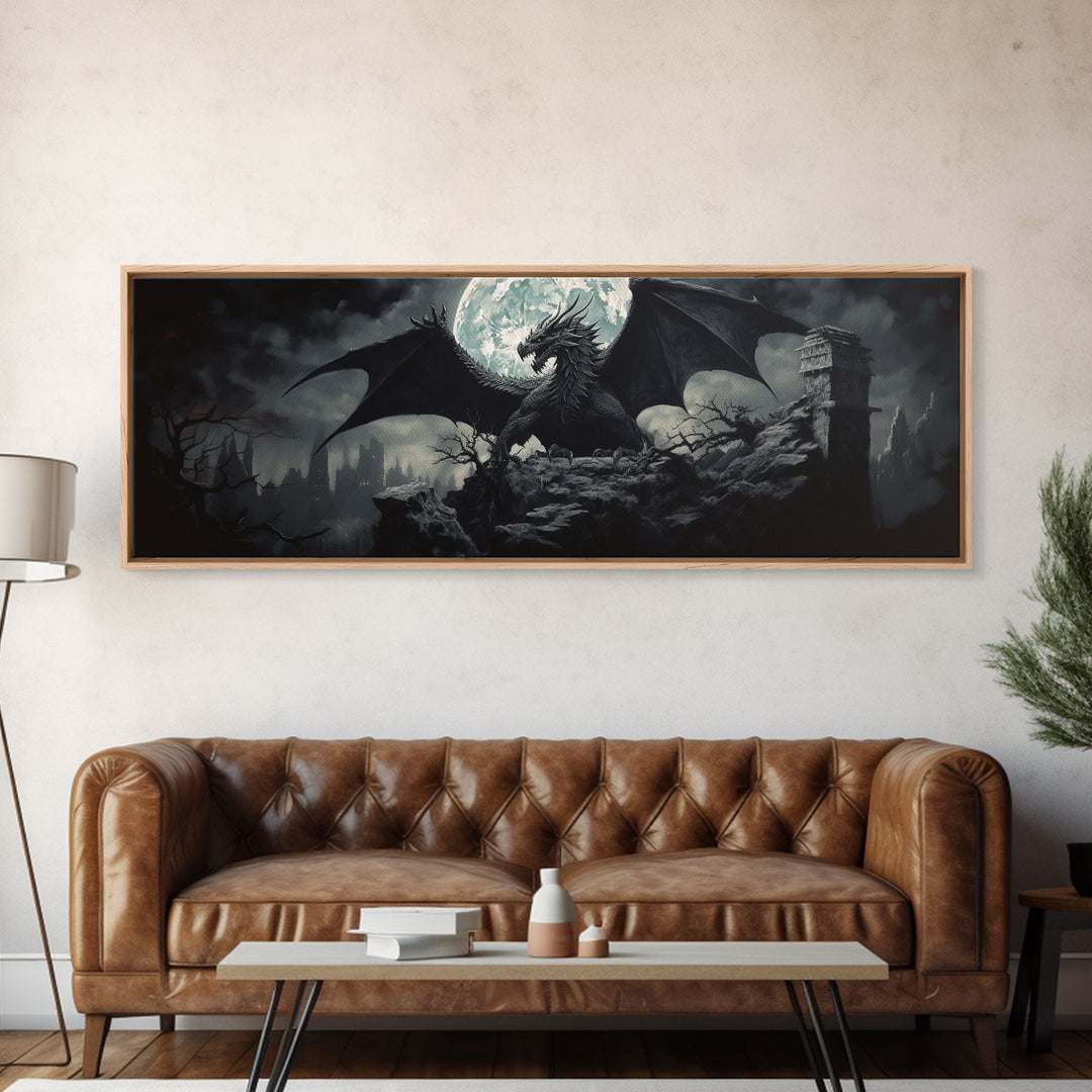 The Dragon, Framed Canvas Print, Panoramic Fantasy Painting, Fantasy Decor, Dragon Art, Dragon Painting, Dragon art print