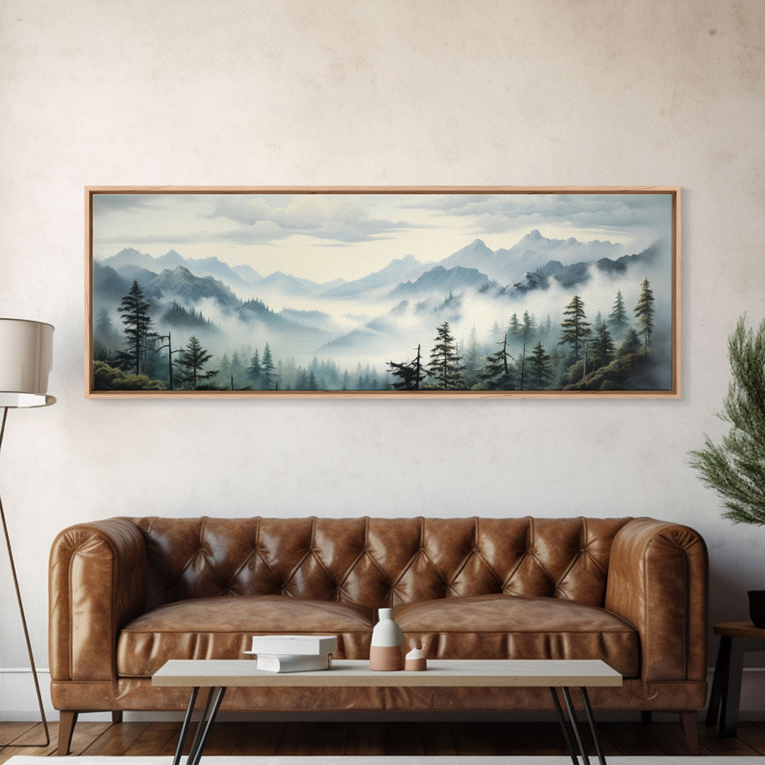 Foggy Mountain Forest Canvas Print, Oil Landscape Painting On Canvas - Ready To Hang Large Panoramic Canvas Wall Art Prints, Framed Wall Art