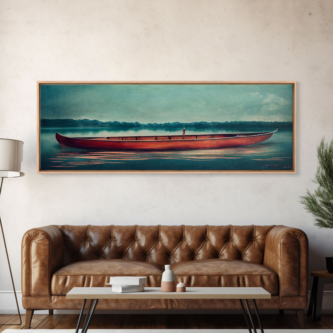 Cool Lakehouse Art, Canoe on the Lake Watercolor, Extra Large Wall Art, Framed Panoramic Canvas Print, Framed Wall Decor