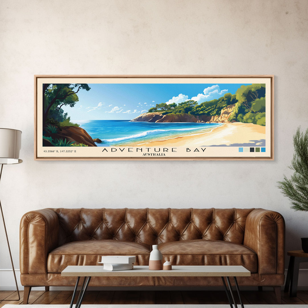 Adventure Bay, Australia Panoramic Beach Print, Vacation Gift, Australia Wall Art, Framed Canvas Print, Framed Beach Painting