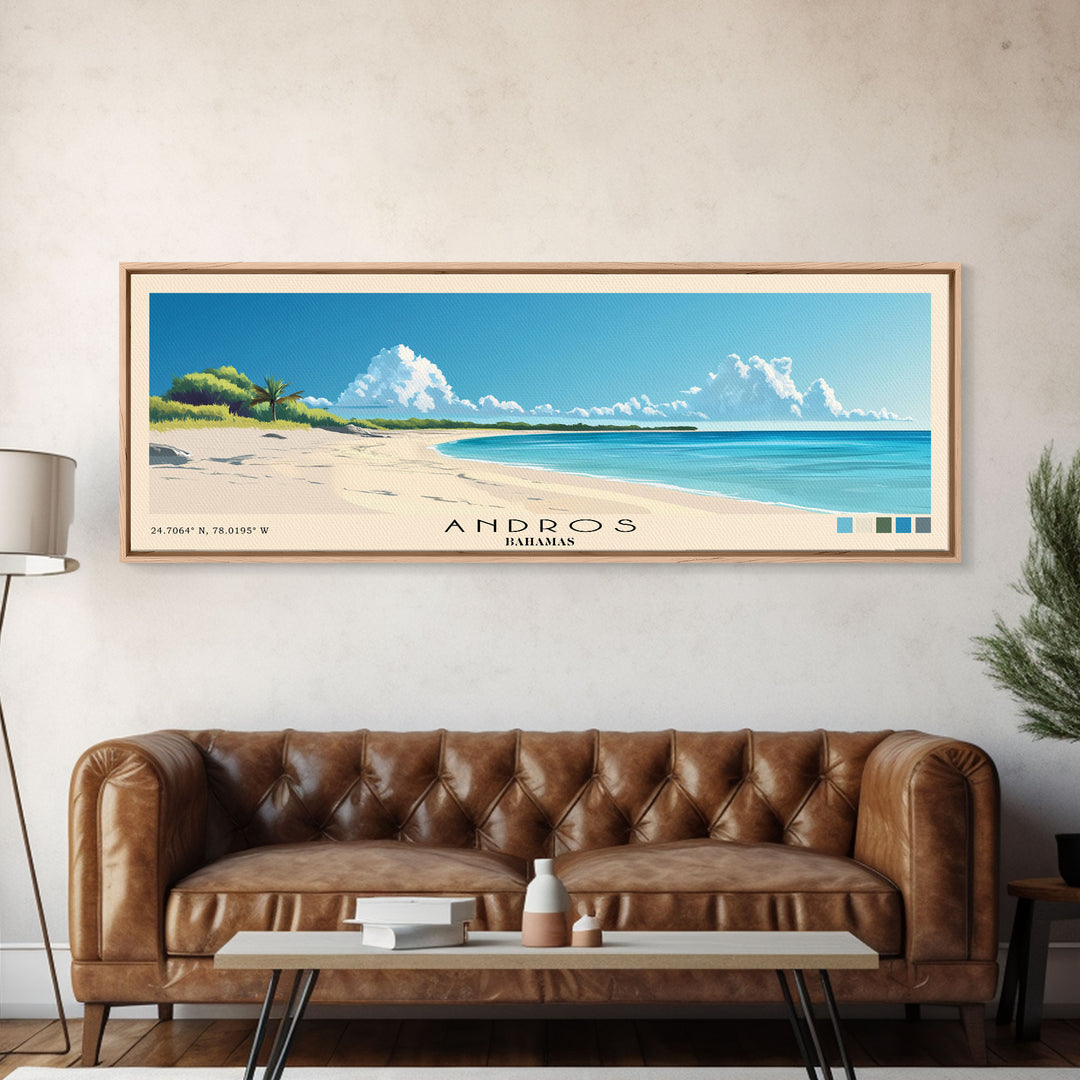 Andros, Bahamas Panoramic Beach Print, Vacation Gift, Bahamas Wall Art, Framed Canvas Print, Framed Beach Painting