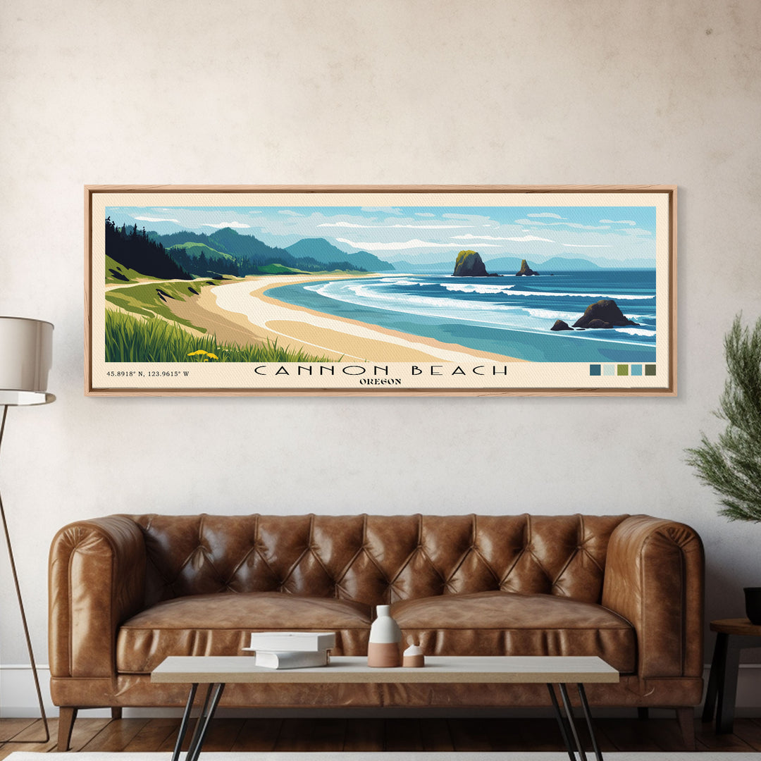 Cannon Beach, Oregon Panoramic Beach Print, Vacation Gift, Oregon Wall Art, Beach Painting, Beach Decor, Beach Painting