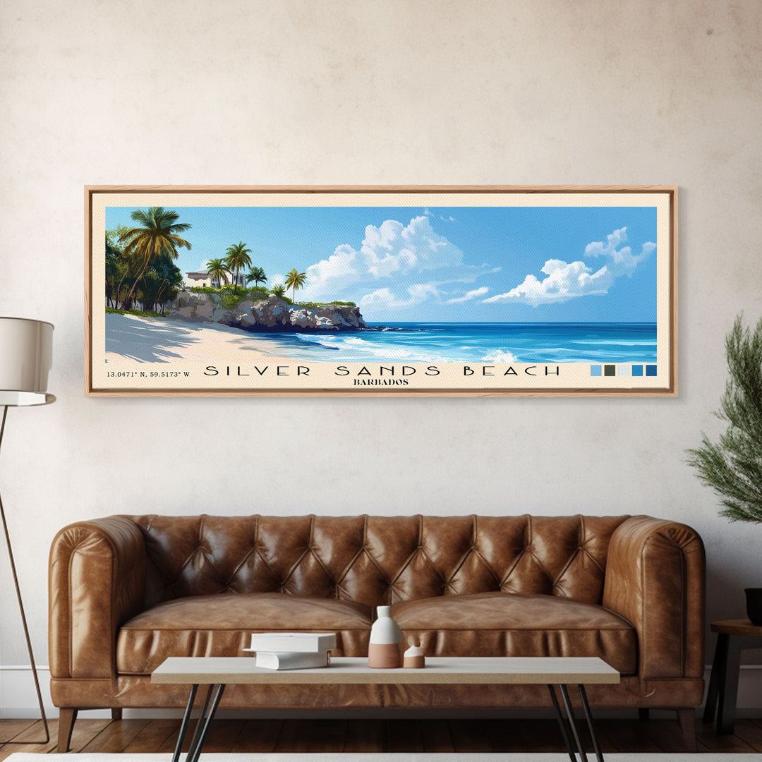 Silver Sands Beach, Barbados Panoramic Print, Vacation Gift, Barbados Wall Art, Beach Painting, Beach Decor, Large Wall Art, Wood Frame Art