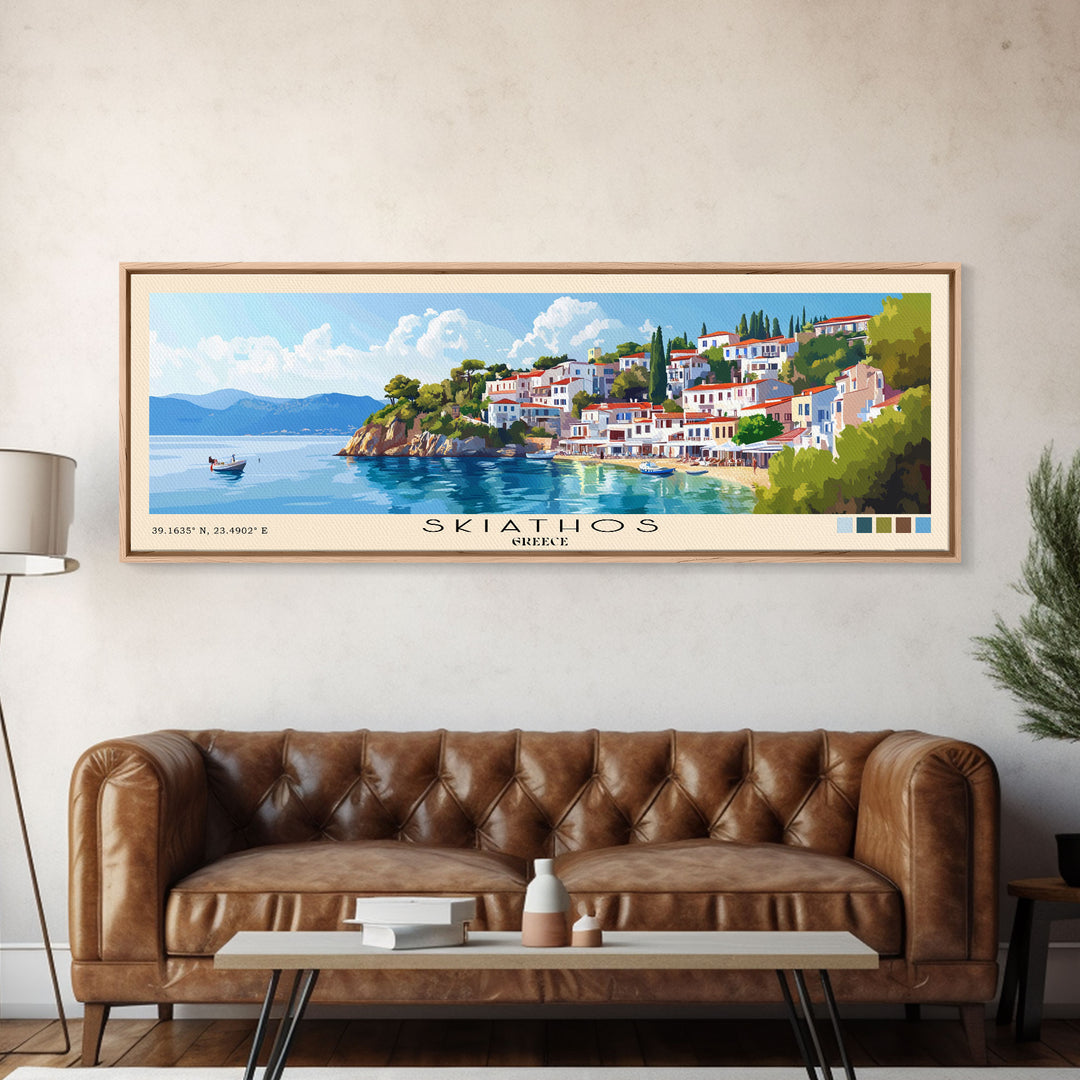 Skiathos, Greece Panoramic Beach Print, Vacation Gift, Greece Wall Art, Framed Canvas Print, Framed Beach Painting