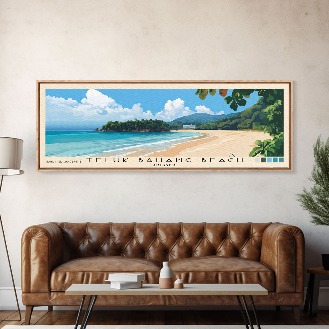 Teluk Bahang Beach, Malasyia Panoramic Print, Vacation Gift, Malasyia Wall Art, Beach Painting, Beach Decor, Large Wall Art, Wood Frame Art