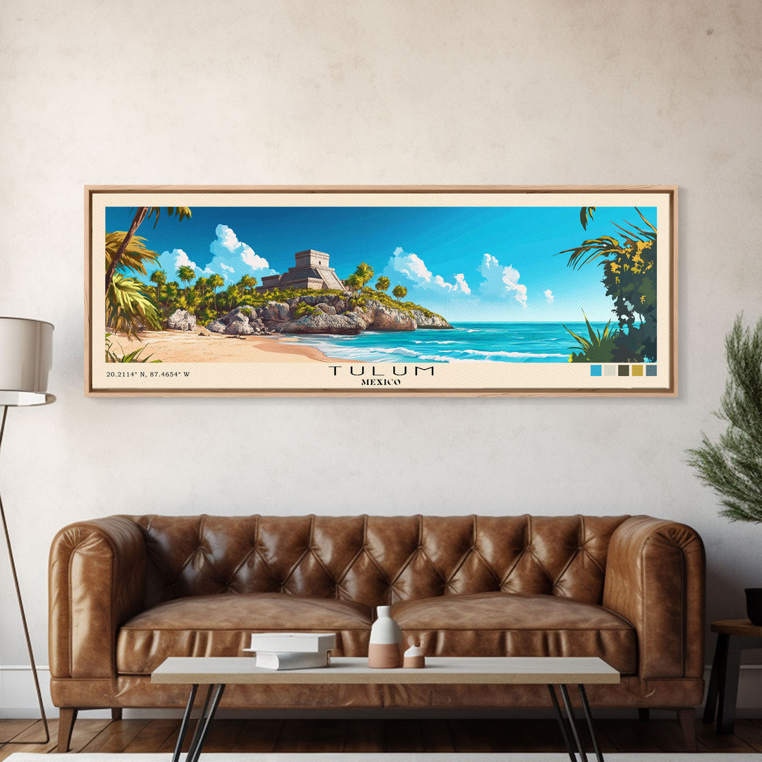 Tulum, Mexico Panoramic Print, Vacation Gift, Mexico Wall Art, Beach Painting, Beach Decor, Large Wall Art, Wood Frame Art